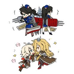  4girls arizona_(azur_lane) azur_lane back-to-back black_gloves black_hair blonde_hair blue_eyes blue_hat chibi chibi_only commentary_request gloves green_eyes hat highres holding_hands long_hair low_ponytail military_uniform multiple_girls nevada_(azur_lane) oklahoma_(azur_lane) open_mouth pan_(user_zdvk2337) pennsylvania_(azur_lane) ponytail rigging ship_turret siblings sisters sparkle yellow_eyes 