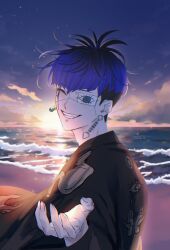  1boy absurdres antenna_hair black_hair blue_hair closed_eyes commentary_request earrings fang fingernails haori highres japanese_clothes jewelry male_focus mihen multicolored_hair ocean omokage_yugamu outstretched_hand piercing print_eyepatch sharp_fingernails sky smile solo sunset teeth the_hundred_line_-last_defense_academy- 