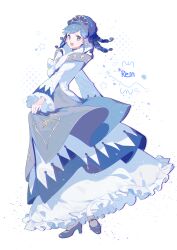  1girl :d absurdres aqua_eyes bell_sleeves bilingual_commentary blue_dress blue_hair blue_shoes bow character_name chest_bow chinese_commentary commentary compact_(cosmetics) cosmetics crest dress english_text frilled_dress frilled_sleeves frills full_body fushigiboshi_no_futago_hime gold_tiara gown hair_ornament heart heart_print high_collar high_heels highres holding_own_dress layered_dress light_particles long_hair long_sleeves looking_at_viewer magical_girl mary_janes mixed-language_commentary morgue_(southsakura) open_mouth print_dress rein_(fortune_princess)_(futagohime) rein_(futagohime) ringlets shoes simple_background smile solo star_(symbol) star_hair_ornament sun_print supportasse swept_bangs teeth tiara upper_teeth_only white_background white_bow 