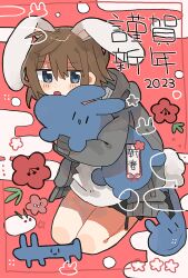  1girl 2023 animal_ears black_shorts black_socks blue_eyes blue_slippers blush_stickers brown_hair commentary_request double-parted_bangs full_body grey_hoodie hair_between_eyes highres holding holding_stuffed_toy hood hood_down hoodie long_sleeves looking_at_viewer new_year open_clothes open_hoodie open_mouth original rabbit_ears rabbit_girl rabbit_tail red_background shirt short_hair short_shorts shorts slippers socks solo stuffed_animal stuffed_rabbit stuffed_toy tail uenae_chiyiro white_shirt 