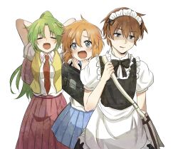  1boy 2girls apron arms_behind_back arms_up bag black_bag black_bow black_bowtie blue_eyes blue_skirt blush bow bowtie brown_hair closed_eyes commentary_request crossdressing crossdressing_(mtf) frilled_apron frills green_hair highres higurashi_no_naku_koro_ni holding holding_bag long_hair maebara_keiichi maid maid_headdress multiple_girls necktie open_mouth orange_hair puffy_short_sleeves puffy_sleeves red_necktie red_skirt ryuuguu_rena school_uniform shirt short_hair short_sleeves shosudo simple_background skirt sonozaki_mion sparkling_eyes vest violet_eyes white_apron white_background white_shirt yellow_vest 