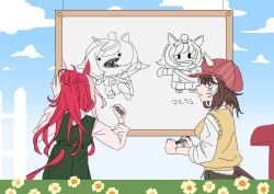  2girls absurdres animal_ears brown_hair drawing_(action) drawing_(object) dress ears_through_headwear from_behind hair_bun highres holding holding_marker horse_ears horse_girl long_hair looking_at_another loves_only_you_(casual)_(umamusume) loves_only_you_(umamusume) marche_lorraine_(umamusume) marker multiple_girls okaasan_to_issho parody red_hair shirt short_hair sleeveless sleeveless_dress sleeves_rolled_up spoo sweater_vest tail tail_through_clothes translated umamusume white_shirt whiteboard yellow_sweater_vest yukito_(yukito85476) 