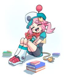 1girl ^_^ absurdres android animal_collar animal_ears aqua_eyes aqua_hat aqua_shorts aqua_sleeves asui_inui_(vtuber) baseball_cap black_unitard blush bolt_(hardware) book book_stack bouquet closed_eyes collar commentary crop_top dog_ears dog_girl electric_plug electric_plug_tail facing_down flower full_body gloves happy hat highres holding holding_bouquet indie_virtual_youtuber joints knees_up leg_warmers legs_together medium_hair neckerchief open_mouth paprikothe pink_hair puffy_sleeves red_collar red_flower red_neckerchief red_rose red_shoes robot robot_girl robot_joints rose round_teeth sailor_collar sailor_shirt see-through_clothes see-through_shorts shadow shirt shoes short_sleeves short_twintails shorts sidelocks simple_background sitting smile solo spanish_commentary studded_collar suspender_shorts suspenders swept_bangs tail teeth thick_eyebrows tilted_headwear twintails unitard upper_teeth_only virtual_youtuber white_background white_gloves white_leg_warmers white_sailor_collar yellow_shirt 