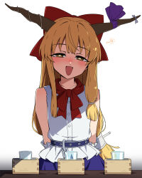  1girl blonde_hair blush bow brown_horns commentary_request cup drinking_glass fang hair_bow highres horn_ornament horn_ribbon horns ibuki_suika long_hair looking_at_viewer masu necono_(nekonosora1207) oni open_mouth parody portrait pukey_goddess_shot_trick purple_skirt red_bow ribbon shirt shot_glass skin_fang skirt smile solo squeans touhou white_shirt yellow_eyes 