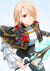  >:) 1girl absurdres asymmetrical_sleeves aura black_jacket black_shorts black_thighhighs blue_background closed_mouth commentary_request cropped_jacket epaulettes hair_behind_ear hair_over_one_eye heaven_burns_red highres holding holding_sword holding_weapon jacket jjaga236 kayamori_ruka kayamori_ruka_(the_feel_of_the_throne) long_bangs long_sleeves looking_at_viewer military_uniform official_alternate_costume one_eye_covered open_clothes open_jacket red_eyes shirt short_hair shorts simple_background smile solo standing standing_on_one_leg sword thigh-highs v-shaped_eyebrows weapon white_shirt wide_sleeves 