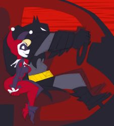  1boy 1girl bat_mask batman batman_(series) batman_symbol belt black_cape bodysuit cape captainmolasses dc_comics domino_mask eye_mask grey_bodysuit harlequin harley_quinn harley_quinn_(classic) highres mask multicolored_bodysuit superhero_costume taut_bodysuit two-tone_bodysuit utility_belt white_facepaint 