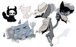  1boy :3 absurdres animal_ears bone cat cat_boy cat_ears cat_tail closed_eyes cowboy_hat crazy_grin crazy_smile dybbuk_(mewgenics) firing firing_at_viewer furry furry_male grin gun hat hat_over_one_eye heart higa423 highres holding holding_gun holding_weapon looking_at_viewer male_focus marshmallow_(mewgenics) mewgenics missing_tooth morana_(mewgenics) multiple_views one_eye_closed one_eye_covered red_eyes scar scar_across_eye scar_on_face simple_background skeletal_hand smile smoke smoking_barrel tail tombstone tongue tongue_out weapon white_background will-o'-the-wisp_(mythology) zodiac_(mewgenics) 