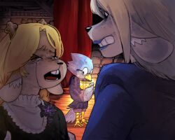  >_< 1boy 1girl aged_down awkward bags_under_eyes barefoot berdly_(deltarune) bird_boy black_dress blonde_hair blue_feathers blue_lips buck_teeth bugmael carol_holiday child clenched_teeth closed_eyes collar comforting crying curtains deltarune dress dress_flower feathers flashback flower freckles frilled_collar frills furry furry_female furry_male glasses holding holding_trophy hunched_over mother_and_child mother_and_daughter noelle_holiday parent_and_child purple_flower purple_shirt purple_suit reindeer_girl round_eyewear shirt sideways_glance stage stage_curtains suit teeth theater_seating trophy uncomfortable utdr_(toby_fox) wavy_eyebrows wooden_floor worried 