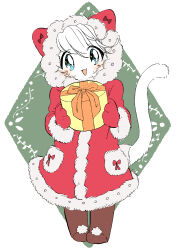  1girl blue_eyes body_fur boots cat_girl christmas christmas_present coat cocri commentary_request full_body fur-trimmed_coat fur_trim furry furry_female gift green_background highres holding holding_gift hood hood_up looking_at_viewer original red_coat solo standing tail whiskers white_fur white_hair 
