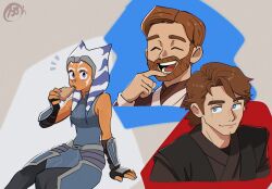  1girl 2boys ahsoka_tano alien anakin_skywalker beard blue_eyes blue_shirt brown_hair brown_robe colored_skin commentary eating english_commentary facial_hair full_beard highres l33oh multiple_boys mustache notice_lines obi-wan_kenobi orange_skin robe scar shirt short_hair signature sleeveless sleeveless_shirt smile star_wars star_wars:_the_clone_wars_(2008_tv_series) star_wars_day togruta 