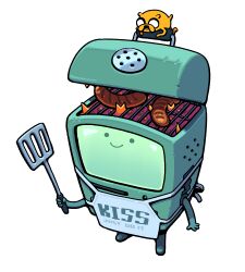  ._. 1boy 1other adventure_time apron bmo cooking discount-supervillain fire food full_body grill grilling holding holding_spatula jake_the_dog mini_person miniboy sausage smile smiley_face spatula standing toon_(style) 
