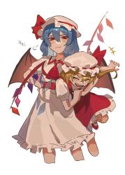  2girls ascot bat_wings blonde_hair blue_hair blush blush_stickers carrying carrying_person carrying_under_arm colored_eyebrows commentary_request cropped_legs crystal_wings dress fang flandre_scarlet frilled_dress frills happy_tears hat hat_ribbon highres imkooooww looking_at_another mary_janes mob_cap multiple_girls pout red_ascot red_eyes red_skirt red_vest remilia_scarlet ribbon shirt shoes short_hair siblings side_ponytail sisters skirt smile socks tears tears_from_one_eye touhou vest white_background white_dress white_shirt wings 