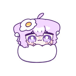  1girl :3 ahoge animal_ear_fluff animal_ears blush_stickers bright_pupils cat_ears cat_girl chibi chibi_only closed_mouth commentary_request crossed_bangs double-parted_bangs egg_hair_ornament eggshell food-themed_hair_ornament hair_between_eyes hair_ornament highres hololive nekomata_okayu purple_hair short_hair simple_background smile solo violet_eyes virtual_youtuber white_background white_pupils yananang 