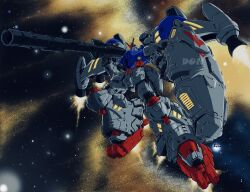  bazooka_(gundam) commentary don_allan_figueroa english_commentary exhaust full_body gundam gundam_0083 gundam_gp-02_physalis highres holding holding_weapon mecha mecha_focus mobile_suit nebula no_humans robot science_fiction shield solo space star_(sky) thrusters v-fin watermark weapon 