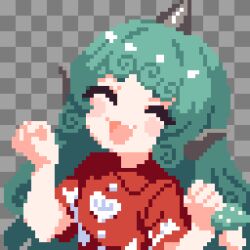  1girl animal_ears blush bow curly_hair green_eyes green_hair hair_bow highres horns kariyushi_shirt komano_aunn long_hair open_mouth pixel_art red_shirt shirt short_sleeves shorts single_horn smile takeez3 touhou 