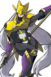  1girl absurdres armor black_bodysuit bodysuit breasts cowboy_shot digimon digimon_(creature) facial_mark fox_mask gold_armor gold_mask grey_hair highres holding holding_staff imars long_hair mask purple_lips sakuyamon simple_background solo staff very_long_hair white_background 