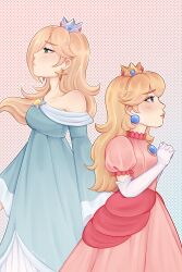  2girls blonde_hair blue_dress blue_eyes breasts brooch closed_mouth commentary crown dotted_background dress earrings elbow_gloves english_commentary eyelashes from_side gloves hair_over_one_eye highres jewelry long_hair medium_breasts multiple_girls off-shoulder_dress off_shoulder own_hands_clasped own_hands_together pink_dress princess_peach puffy_short_sleeves puffy_sleeves rosalina short_sleeves siblings sisters sphere_earrings star_(symbol) star_brooch star_earrings stariitoons super_mario_bros. the_super_mario_galaxy_movie white_gloves 