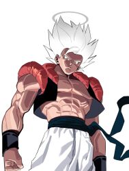  1boy alternate_color black_sash black_vest clenched_hand cowboy_shot dragon_ball dragon_ball_z gogeta grey_hair grey_halo halo highres male_focus metamoran_vest muscular muscular_male no_shirt pants red_eyes sash simple_background solo spiked spiky_hair super_saiyan super_saiyan_1 tirano_tenchou traditional_halo vest white_background white_pants 