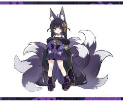 1girl absurdly_long_hair aged_down animal_ear_fluff animal_ears azur_lane black_choker black_socks byulzzi choker closed_mouth commentary_request facial_mark fox_ears fox_girl fox_tail full_body hair_ornament japanese_clothes long_hair looking_at_viewer musashi-chan_(azur_lane) official_artist_extra platform_shoes purple_hair shoes smile socks solo tail very_long_hair yellow_eyes 