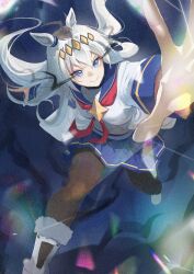  1girl ahoge animal_ears black_pantyhose blue_eyes blue_sailor_collar blue_skirt boots breasts brooch closed_mouth commentary ear_ornament eye_trail grey_hair grey_tail hair_between_eyes hairband horse_ears horse_girl jacket jewelry light_trail long_hair long_sleeves multicolored_hair neckerchief oguri_cap_(starlight_beat)_(umamusume) oguri_cap_(umamusume) outstretched_arm pantyhose pleated_skirt red_neckerchief rin_(fimoxrin) running sailor_collar shirt skirt star_brooch umamusume white_boots white_jacket white_shirt 
