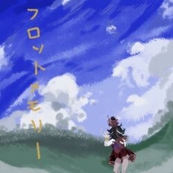  2girls absurdres back_bow black_hair bow bowl bowl_hat clouds commentary_request day dress grass hat highres holding japanese_clothes kijin_seija kimono makihako_bunko mini_person mini_person_on_head minigirl multiple_girls red_bow red_dress red_skirt shirt short_hair skirt sukuna_shinmyoumaru touhou translation_request white_shirt 