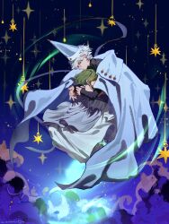  1boy 1girl cape cloak clouds coco_(tongari_boushi_no_atelier) conical_hat crying dress flying from_side full_body green_hair grey_cloak grey_dress hat hat_tassel highres hug ink_(inkypyon) medium_hair night pince-nez qifrey_(tongari_boushi_no_atelier) short_hair skirt sky sparkle star_(sky) starry_sky teacher_and_student tongari_boushi_no_atelier white_hair white_skirt wizard wizard_hat 
