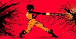  1girl absurdres attack boots chainsword commentary dust_cloud english_commentary faceless faceless_female fleshsinvessel full_body gloves heel_up highres holding holding_sword holding_weapon jumpsuit limited_palette minimalism motor_oil motorslice multiple_moles name_tag orange_jumpsuit p_(motorslice) poster_parody red_background short_hair sleeveless_jumpsuit sliding solo sparks splatter splatter_background stained_clothes swinging_weapon sword tomboy turtleneck_jumpsuit twisted_torso ultrakill weapon 