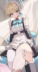  1boy 1girl absurdres apron black_gloves black_skirt blonde_hair blue_archive blue_bow blue_bowtie blue_eyes blue_halo blue_ribbon blue_streaks bow bowtie braid bun_cover chest_harness closed_mouth commentary curtains earpiece elbow_gloves feet frilled_apron frills gloves hair_bun hair_ribbon half_up_braid halo harness highres indoors long_sleeves looking_at_viewer maid maid_apron multicolored_hair on_bed pillow pipi_ya pouch pov removing_thighhigh ribbon sensei_(blue_archive) single_hair_bun sitting skirt solo_focus streaked_hair sweat tactical_maid thigh-highs thighs toki_(blue_archive) unconventional_maid white_apron white_thighhighs 