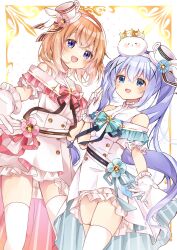  2girls :d absurdres alternate_costume alternate_hairstyle animal_on_head aqua_bow bare_shoulders blush bow buttons commentary cowboy_shot crossed_bangs crown double-breasted dress dress_bow dutch_angle floating_hair frilled_dress frilled_gloves frills gloves gochuumon_wa_usagi_desu_ka? hair_between_eyes hair_ornament hairband hand_up happy hat highres holding_hands hoto_cocoa inset_border kafuu_chino llatteowo long_hair looking_at_viewer medium_hair mini_hat mini_top_hat multiple_girls off-shoulder_dress off_shoulder on_head open_mouth orange_hair outstretched_arm outstretched_hand polka_dot polka_dot_background rabbit rabbit_on_head reaching reaching_towards_viewer red_bow short_dress sidelocks simple_background smile tareme thigh-highs tippy_(gochiusa) top_hat twintails very_long_hair violet_eyes white_background white_dress white_gloves white_hairband white_hat white_thighhighs x_hair_ornament zettai_ryouiki 