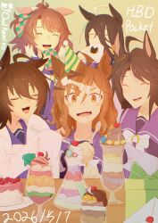 5girls :3 absurdres agnes_tachyon_(umamusume) ahoge animal_ears animal_print black_hair blush bow bowtie brown_hair cat_print chemical_structure closed_eyes coat commentary_request cup dantsu_flame_(umamusume) drinking drooling ear_covers ear_ornament ear_tag earrings erlenmeyer_flask flask food fuji_kiseki_(umamusume) hair_between_eyes hair_ribbon happy_birthday highres holding holding_cup holding_spoon horse_ears horse_girl ice_cream jewelry jungle_pocket_(umamusume) lab_coat long_bangs long_hair_between_eyes manhattan_cafe_(umamusume) mug multicolored_hair multiple_girls open_mouth owlkamino parted_lips pink_ribbon plaid_ribbon purple_sailor_collar ribbon sailor_collar school_uniform single_earring sleeves_past_fingers sleeves_past_wrists smile spoon sundae sweatdrop tracen_school_uniform umamusume white_bow white_bowtie white_coat white_hair yellow_eyes 