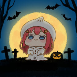  1girl :3 akino_ell animal bare_tree bat_(animal) blue_eyes blue_sky blush_stickers chibi closed_mouth commentary_request food food-themed_clothes full_moon ghost_costume go-toubun_no_hanayome hair_ornament halloween jack-o'-lantern moon nakano_itsuki night outdoors red_hair sky solo star_(symbol) star_hair_ornament steamed_bun tree 