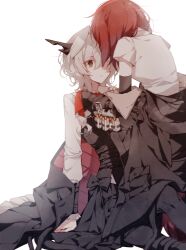  2girls absurdres arknights black_jacket black_pants black_vest brown_eyes chinese_commentary commentary_request crownslayer_(arknights) dragon_girl dragon_horns elbow_gloves floppy_ears gloves grey_hair highres horns hyena_ears hyena_girl jacket long_sleeves multiple_girls official_alternate_costume pants parted_lips red_hair shadow71580825 shirt short_hair simple_background sitting talulah_(arknights) talulah_(chapter_17)_(arknights) unworn_jacket vest white_background white_shirt 