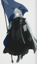  1girl absurdres badge black_boots black_coat black_gloves black_horns boots closed_mouth coat commentary ear_piercing fingerless_gloves flag full_body fur-trimmed_coat fur_trim gloves grey_background grey_fur grey_hair hair_between_eyes heterochromia highres holding holding_flag horns long_hair long_horns long_sleeves looking_at_viewer piercing shade shaded_face simple_background sketch solo srowker standing star-shaped_pupils star_(symbol) sunbringer_(zenless_zone_zero) symbol-shaped_pupils unfinished zenless_zone_zero 