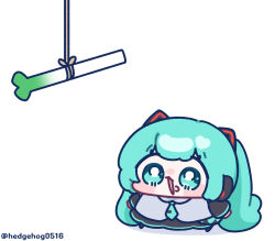  1girl aqua_eyes aqua_hair blush_stickers chibi chibi_only commentary_request full_body hatsune_miku highres long_hair looking_at_food open_mouth rope simple_background solo spring_onion standing twintails twitter_username vocaloid white_background yananang 