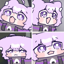  1girl absurdres ahoge animal_ear_fluff animal_ears black_hoodie blush_stickers bright_pupils cat_ears cat_girl chibi chibi_only closed_mouth commentary_request crossed_bangs double-parted_bangs drawstring fang hair_between_eyes highres hololive hood hood_down hoodie motion_blur multiple_views nekomata_okayu open_mouth purple_hair short_hair violet_eyes virtual_youtuber white_pupils yananang 