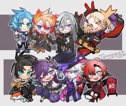  6+boys ;d ahoge aqua_eyes axel_syrios axel_syrios_(1st_costume) banzoin_hakka banzoin_hakka_(1st_costume) bird black_hair blonde_hair blue_hair bob_cut braid card chain chibi chibi_only crossed_legs ear_piercing extra_arms fang feather_hair_ornament feathers fish gavis_bettel gavis_bettel_(1st_costume) glasses green_eyes grey_hair hair_ornament hakkito_(banzoin_hakka) hat heterochromia holding holding_card holding_chain holding_phone holostars holostars_english holotempus invisible_chair josuiji_shinri kitoodles koi koipanion_(josuiji_shinri) long_hair machina_x_flayon machina_x_flayon_(1st_costume) magni_dezmond male_focus mole mole_under_mouth multicolored_hair multiple_boys noir_vesper noir_vesper_(old_design) one_eye_closed open_mouth outline phantom_(gavis_bettel) phone piercing pink_eyes pink_hair playing_card pointy_ears ponytail purple_hair red_hair red_streaks regis_altare short_hair side_braid single_braid single_hair_streak sitting skateboard smile spike_piercing streaked_hair tail top_hat v violet_eyes virtual_youtuber white_hair white_outline white_streaks 