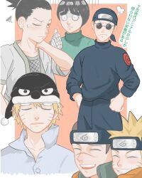 5boys bandaged_arm bandages bandana black_eyes black_hair blonde_hair blue_bandana blue_pants blue_shirt brown_hair closed_eyes drooling earrings ebisu_(naruto) facial_mark forehead_protector fried_tofu_(poppo1010) hat jewelry konohagakure_symbol long_sleeves male_focus multiple_boys multiple_views nara_shikamaru naruto_(classic) naruto_(series) nightcap one_eye_closed pants rock_lee round_eyewear scar scar_on_face scar_on_nose shirt short_hair sleepy smile spiky_hair sunglasses sweatdrop teeth thick_eyebrows translation_request umino_iruka uzumaki_naruto whisker_markings 
