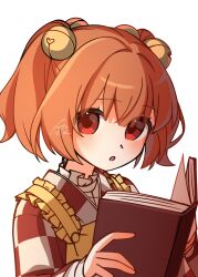  1girl apron bell book checkered_clothes checkered_kimono commentary_request hair_bell hair_ornament highres holding holding_book illust_atelier3 japanese_clothes jingle_bell kimono long_sleeves motoori_kosuzu one-hour_drawing_challenge open_book open_mouth orange_hair red_eyes short_hair signature simple_background solo touhou two_side_up upper_body white_background wide_sleeves yellow_apron 