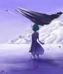  airplane cloud dress green_hair highres macross macross_frontier macross_quarter mecha petals ranka_lee short_hair sky vf-25 water wolfour 