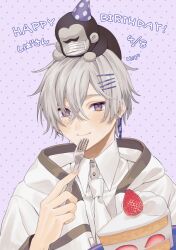  1boy blush buttons cake cake_slice close-up collared_shirt commentary_request dated dotted_background food fork gorilla happy_birthday hat highres holding holding_fork long_sleeves looking_at_viewer male_focus mask mege_(megechan) mouth_mask multicolored_eyes multiple_hair_clips necktie original party_hat purple_background shirt short_hair simple_background smile solo stuffed_toy violet_eyes white_hair white_necktie white_shirt yellow_eyes 