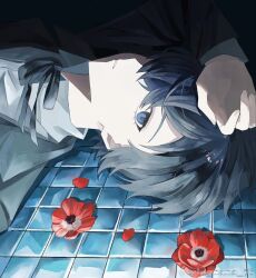  1boy black_ribbon blue_eyes camellia flower hair_over_one_eye hi_nana_76 long_sleeves looking_at_viewer lying male_focus on_back parted_lips persona persona_3 red_flower ribbon shirt short_hair solo tile_floor tiles white_shirt yuuki_makoto_(persona_3) 
