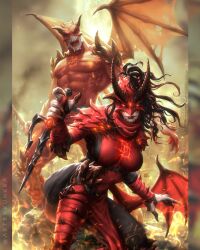  1boy 1girl bat_wings black_hair character_logo colored_skin comic_cover commentary cover cover_page covered_abs covered_pectorals daredevil daredevil_(series) dark_persona demon_boy demon_girl elektra_natchios english_commentary face_spikes fingernails floating_hair glowing glowing_eyes highres holding holding_weapon horns kunkka looking_at_viewer marvel matt_murdock monsterification muscular muscular_male obliques official_art open_mouth pectorals red_eyes sai_(weapon) sharp_fingernails sharp_teeth shoulder_spikes spikes squatting superhero_costume teeth textless_cover_page textless_version twitter_username weapon white_skin wings 