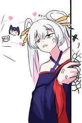  3girls absurdres anger_vein bare_shoulders black_hair blush cho_kaguya-hime! clenched_teeth closed_eyes commentary_request crack cracked_wall double_bun forehead_jewel grey_hair hair_bun hair_ornament hair_rings hair_stick halterneck highres jealous multicolored_hair multiple_girls peeking_out pink_hair runami_yachiyo runami_yachiyo_(mini) sakayori_iroha simple_background solo_focus sunlight_(user_hspg2534) teeth twintails two-tone_hair white_background wide_sleeves 
