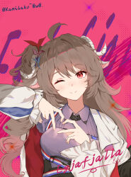  1girl absurdres ahoge animal_ears arknights blush breasts brown_hair commentary dress emoticon@v@ eyjafjalla_(arknights) highres horns long_hair long_sleeves looking_at_viewer medium_breasts open_mouth pink_eyes red_eyes sheep_ears sheep_girl sheep_horns shirt smile solo 