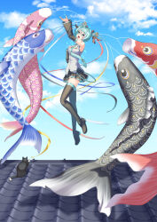  1girl absurdres alternate_hair_length_(shorter) alternate_hairstyle aqua_eyes aqua_hair aqua_necktie black_bow blue_sky boots bow breasts cat clouds commentary_request detached_sleeves double_bun full_body hair_bun hair_ribbon hatsune_miku highres koinobori medium_breasts miniskirt necktie number_tattoo pleated_skirt ribbon rooftop shirt shoulder_tattoo skirt sky sleeveless sleeveless_shirt solo tattoo thigh_boots umibeno_hama vocaloid windsock zettai_ryouiki 