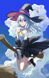  1girl absurdres bare_shoulders black_hat black_robe black_shoes black_skirt blue_eyes bow braid broom broom_riding center_frills collared_shirt commentary_request elaina_(majo_no_tabitabi) frilled_skirt frills hair_between_eyes hair_bow hat highres holding liaozhaimao2007 long_hair long_sleeves looking_at_viewer majo_no_tabitabi neck_ribbon off_shoulder open_clothes open_robe pink_bow pink_ribbon pleated_skirt ribbon riding robe shirt shoes side_braid sign single_braid single_off_shoulder skirt sleeveless sleeveless_shirt smile solo teeth white_hair white_shirt witch witch_hat yellow_ribbon 