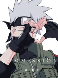  1boy absurdres artist_name black_gloves black_shirt colored_eyelashes commentary commission fingerless_gloves flak_jacket forehead_protector gloves grey_hair hatake_kakashi heart heart_hands highres jacket long_sleeves looking_at_viewer male_focus mask mouth_mask naruto_(series) one_eye_closed red_eyes saarcheung scar scar_across_eye scar_on_face sharingan shirt solo spiky_hair untranslatable_commentary upper_body white_background 