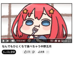  1girl :t akino_ell blue_eyes blue_shirt blush_stickers chibi closed_mouth commentary_request eating fake_video fork go-toubun_no_hanayome hair_ornament holding holding_fork nakano_itsuki red_hair shirt short_sleeves solo star_(symbol) star_hair_ornament thumbs_down_emoji thumbs_up_emoji translation_request upper_body wavy_mouth youtube 