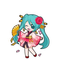 1girl ;d aqua_eyes aqua_hair black_outline blush cherry_blossoms chibi chibi_only earrings falling_petals floral_print floral_print_kimono flower folding_fan full_body game_asset gradient_clothes gradient_kimono hair_flower hair_ornament hair_stick hand_fan hatsune_miku hatsune_miku_graphy_collection holding holding_fan japanese_clothes jewelry kimono long_hair long_sleeves obi obidome obijime okobo one_eye_closed open_mouth outline petals pink_kimono platform_sandals print_kimono sandals sash short_kimono smile solo standing thigh-highs transparent_background very_long_hair vocaloid white_thighhighs 