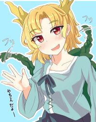  1girl absurdres antlers blonde_hair blue_background blue_shirt blush breasts commentary_request dragon_girl dragon_horns dragon_tail fang fur-tipped_tail green_scales green_tail highres horns kicchou_yachie long_sleeves looking_at_viewer medium_hair open_mouth outline red_eyes schinfaxi1996 shirt short_hair small_breasts smile solo square_neckline tail tail_wagging touhou translation_request turtle_shell white_outline wide_sleeves yellow_horns 